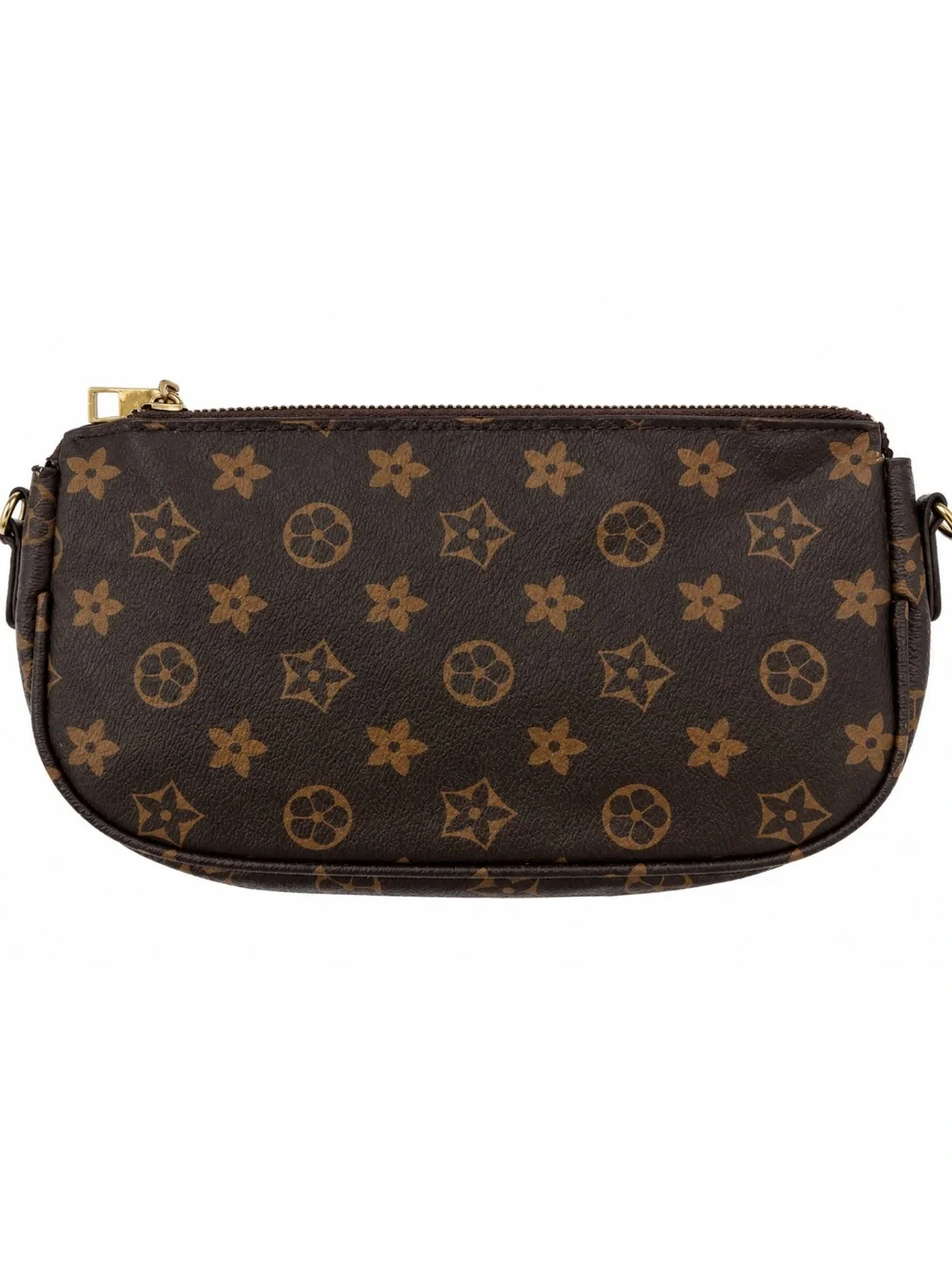 Cute Brown Monogram Floral Zip Pouch Mini Clutch Y2K Cosmetic Bag Gold Hardware